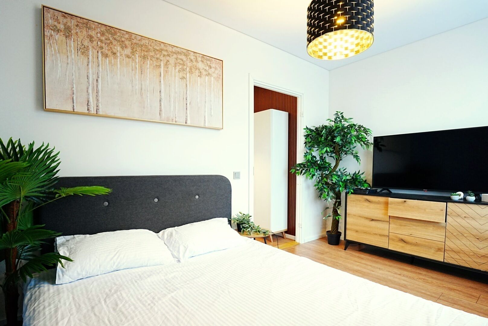A bedroom with a bed, a TV, a plant, and a painting on the wall.