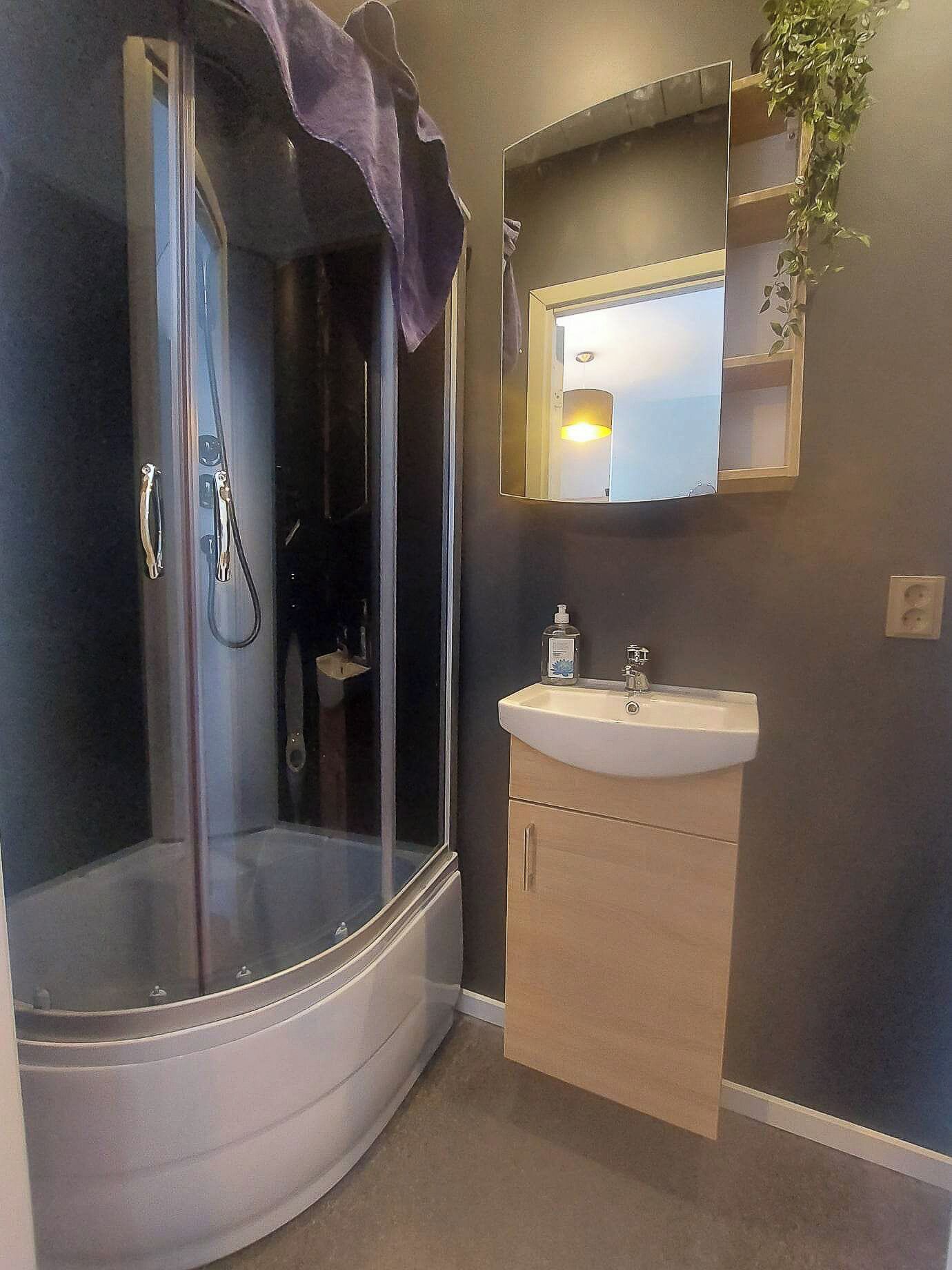 Un baño moderno con cabina de ducha de vidrio, un lavabo y un espejo.