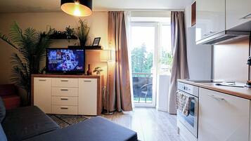 A modern living room with a flat-screen TV, a sofa, a dining area with a kitchen, and a balcony with curtains.
