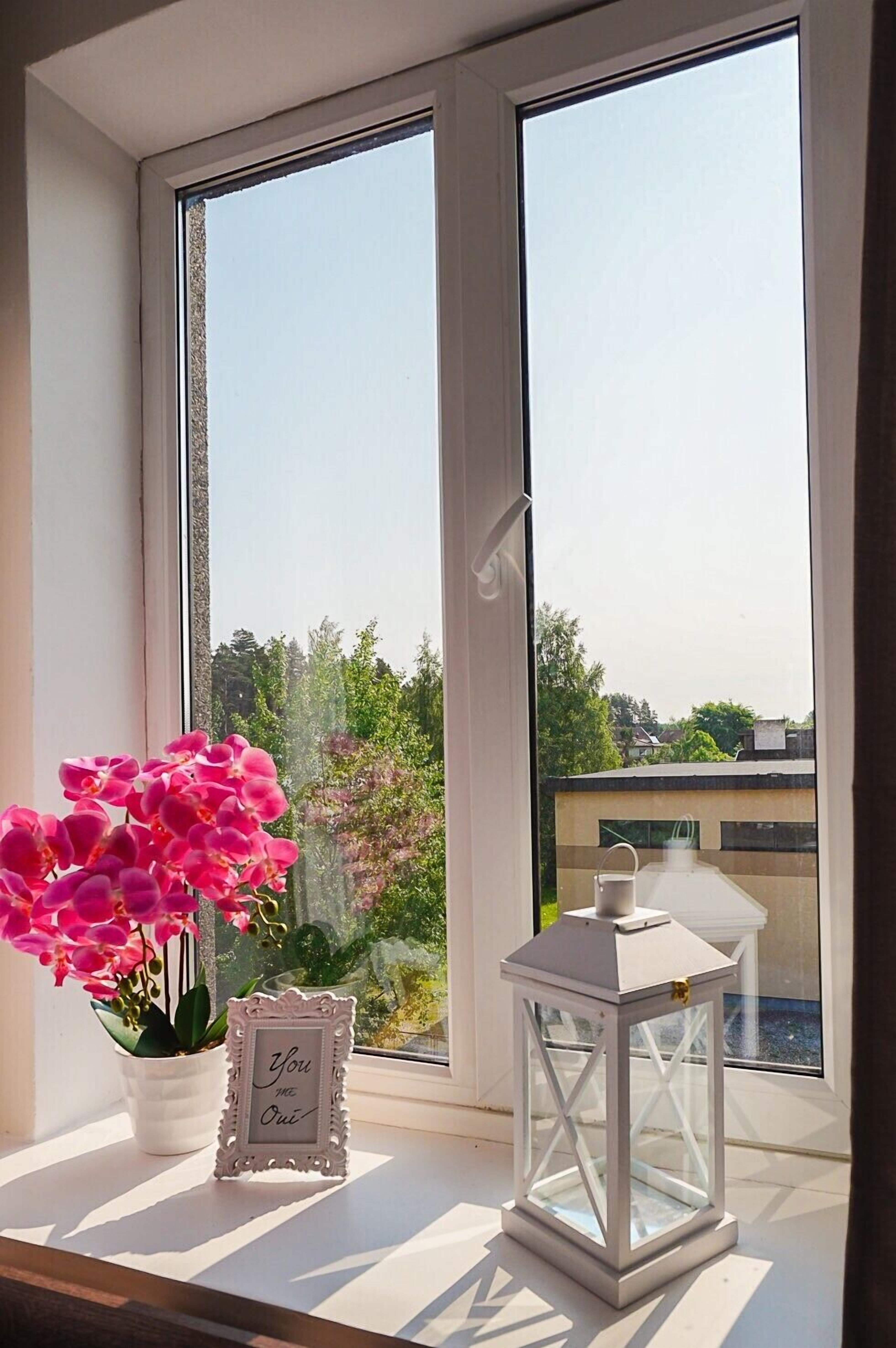 Una ventana con una orquídea en maceta, un marco decorativo con el texto "You are out" y un farol blanco.