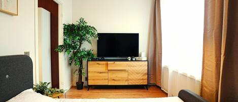 Un dormitorio con cama, televisor sobre una cómoda de madera, planta en maceta y ventana con cortinas.
