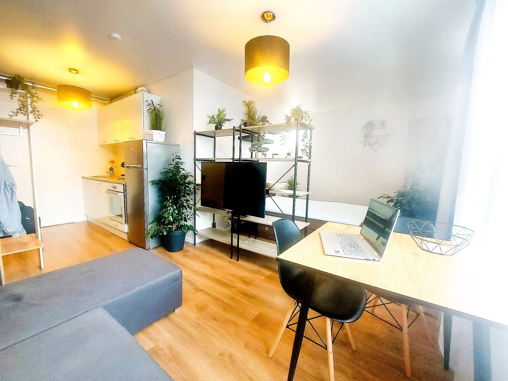 A modern living space with a dining area, kitchen, and seating area.
