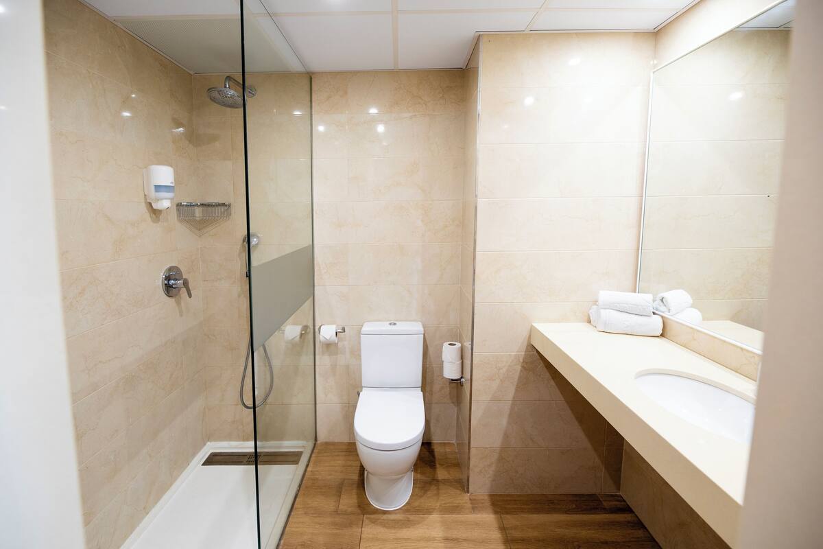 A modern bathroom with a glass-enclosed shower, a toilet, and a sink with a mirror.
