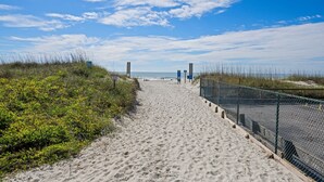 A sandy beach path leading to the sea, with a fence on one side and vegetation on the other. - The Ocean Bridge C34 - Beautiful Unit Across from Beach (Myrtle Beach)
