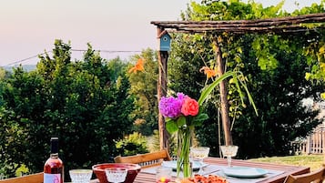 Un'area pranzo all'aperto con tavolo in legno apparecchiata per due, circondata da piante e una pergola.