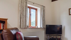 Ein Wohnzimmer mit braunem Ledersofa, einem Fernseher auf einem Schrank, einem Fenster mit Vorhängen und einem Bücherregal.