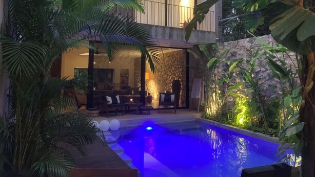 Ein modernes Haus mit Swimmingpool, umgeben von üppigem Grün.