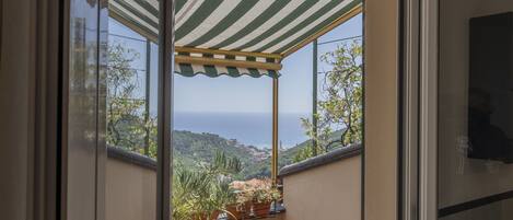 A balcony with a striped awning, potted plants, and a view of the sea and hills.