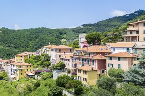 A hillside residential area with colorful buildings, lush greenery, and a clear sky. - Emma House, terrace and sea view, Moneglia (Moneglia)