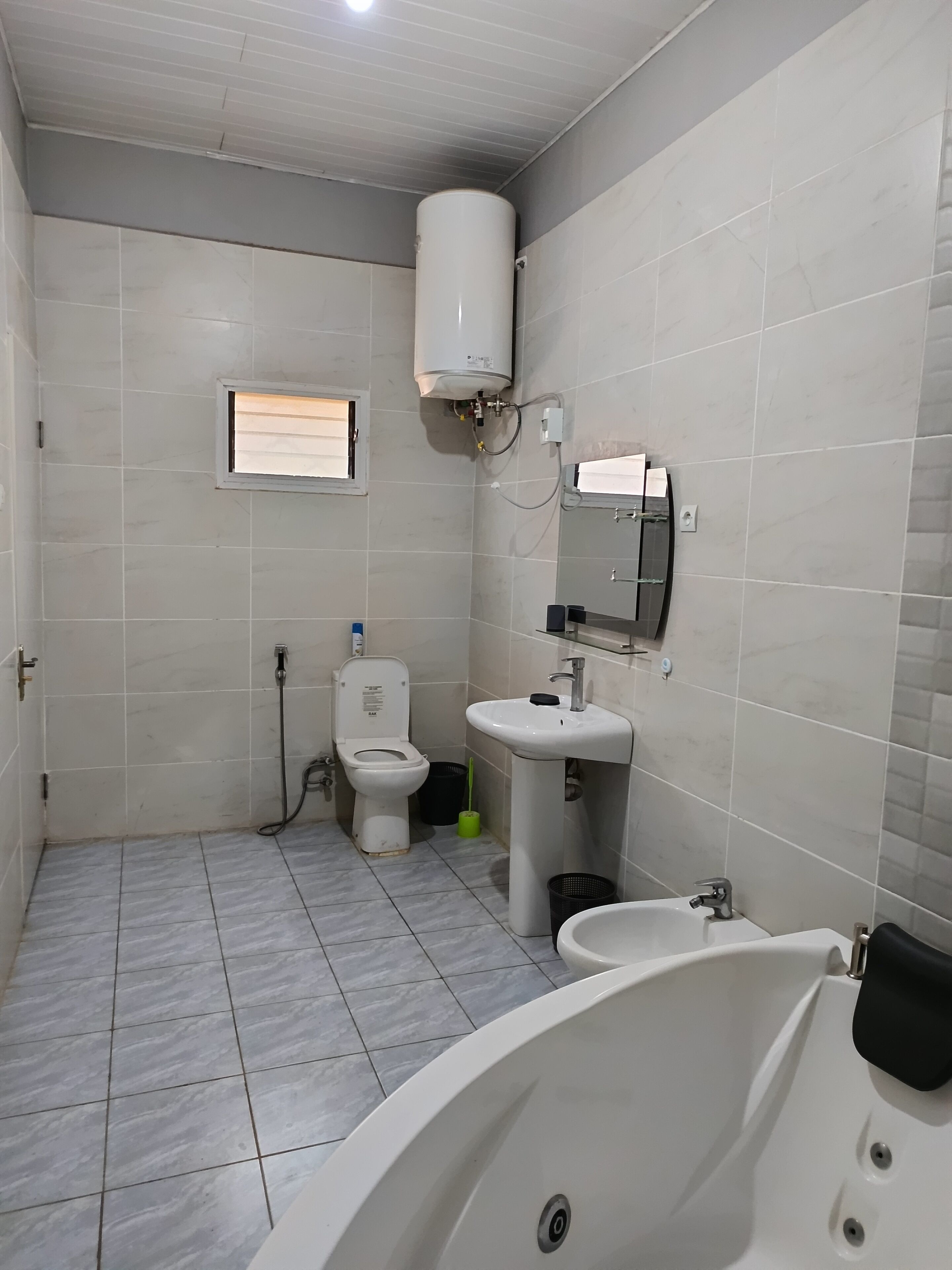 Shower, jetted tub, hair dryer, bidet