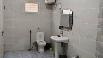 Shower, jetted tub, hair dryer, bidet