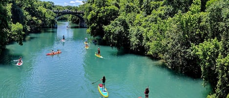 A river with people paddleboarding, surrounded by dense greenery and a bridge in the background.