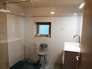 Regadera, secadora de cabello, toallas, jabón 