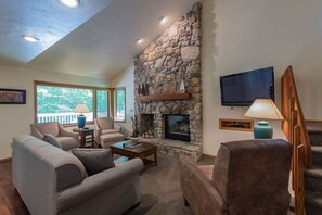 TV, fireplace, ping pong, books