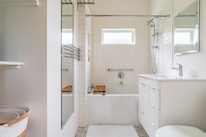 Hair dryer, towels, soap, shampoo