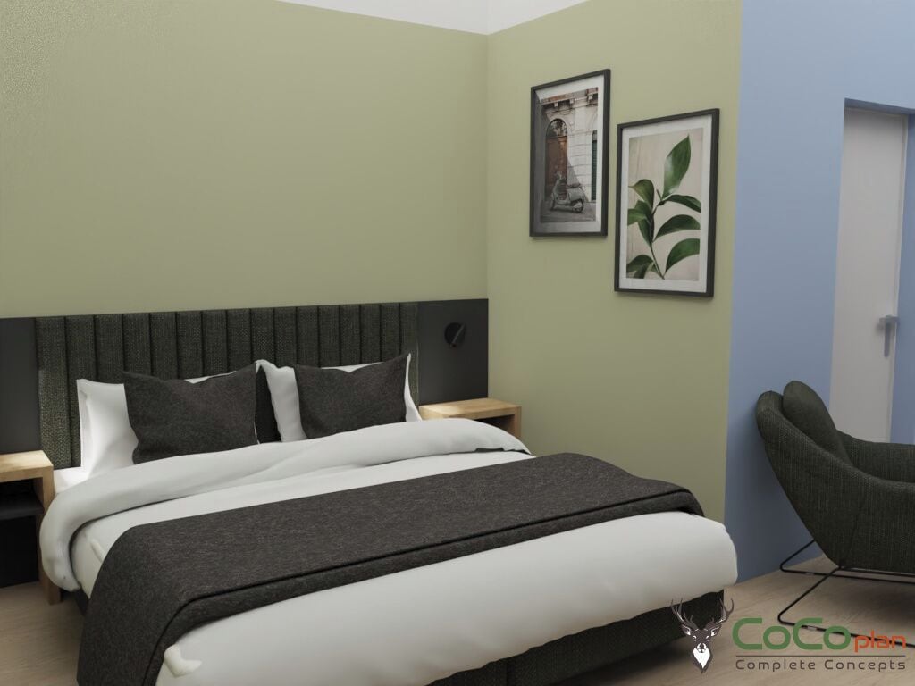 Habitación de diseño doble, 1 cama de matrimonio grande, no fumadores, baño privado | Caja fuerte, decoración individual, mobiliario individual y escritorio