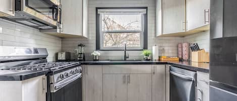 Fridge, microwave, oven, stovetop