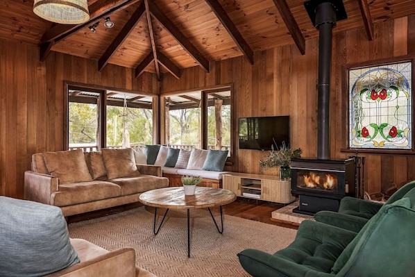 TV, fireplace, DVD player, video library - Basically Beachfront - Eagle Bay Treehouse (Eagle Bay)