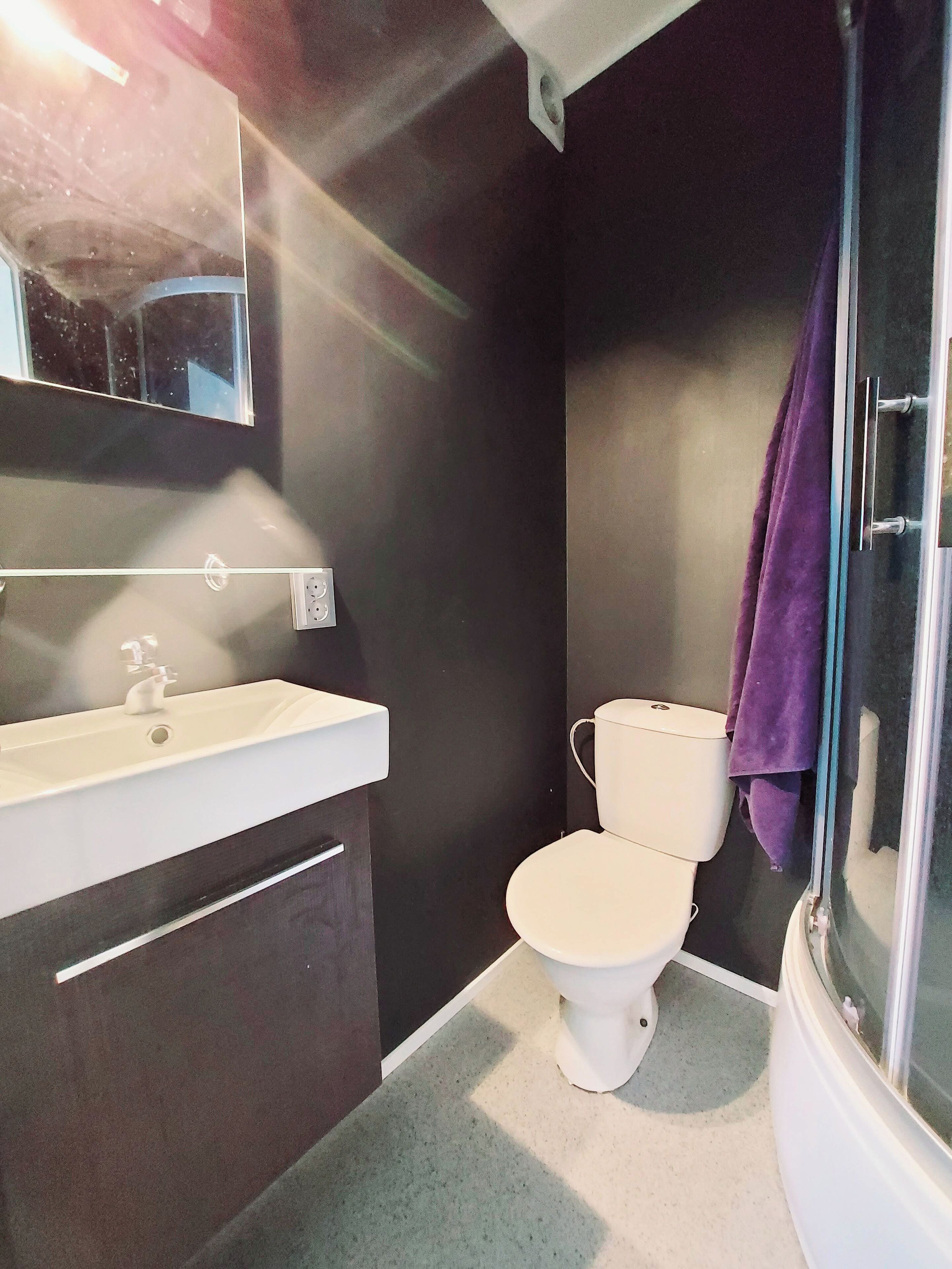 Un baño con lavamanos, espejo y retrete blanco.