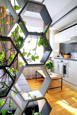 A modern kitchen with white cabinets, a wooden countertop, and a hanging plant arrangement. - Cofy Rentals Tallinn (Tallinn)