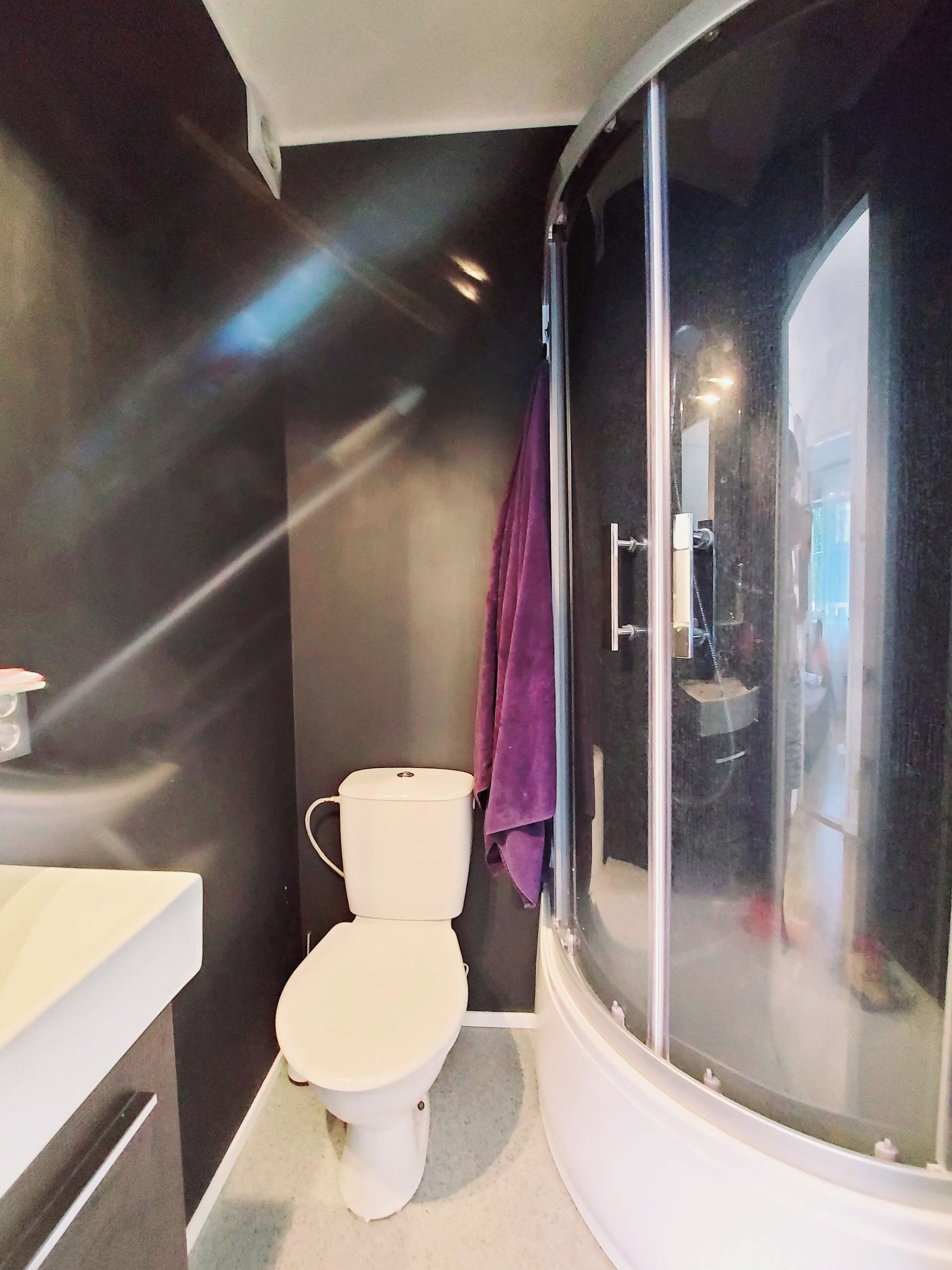 A compact bathroom with a toilet, a shower enclosure, and a sink.