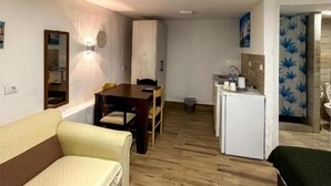 A compact living space with a sofa, a dining table, a small kitchen area, and a bathroom with a shower. - SERENİTA STONE HOUSE (Rafajlovici)