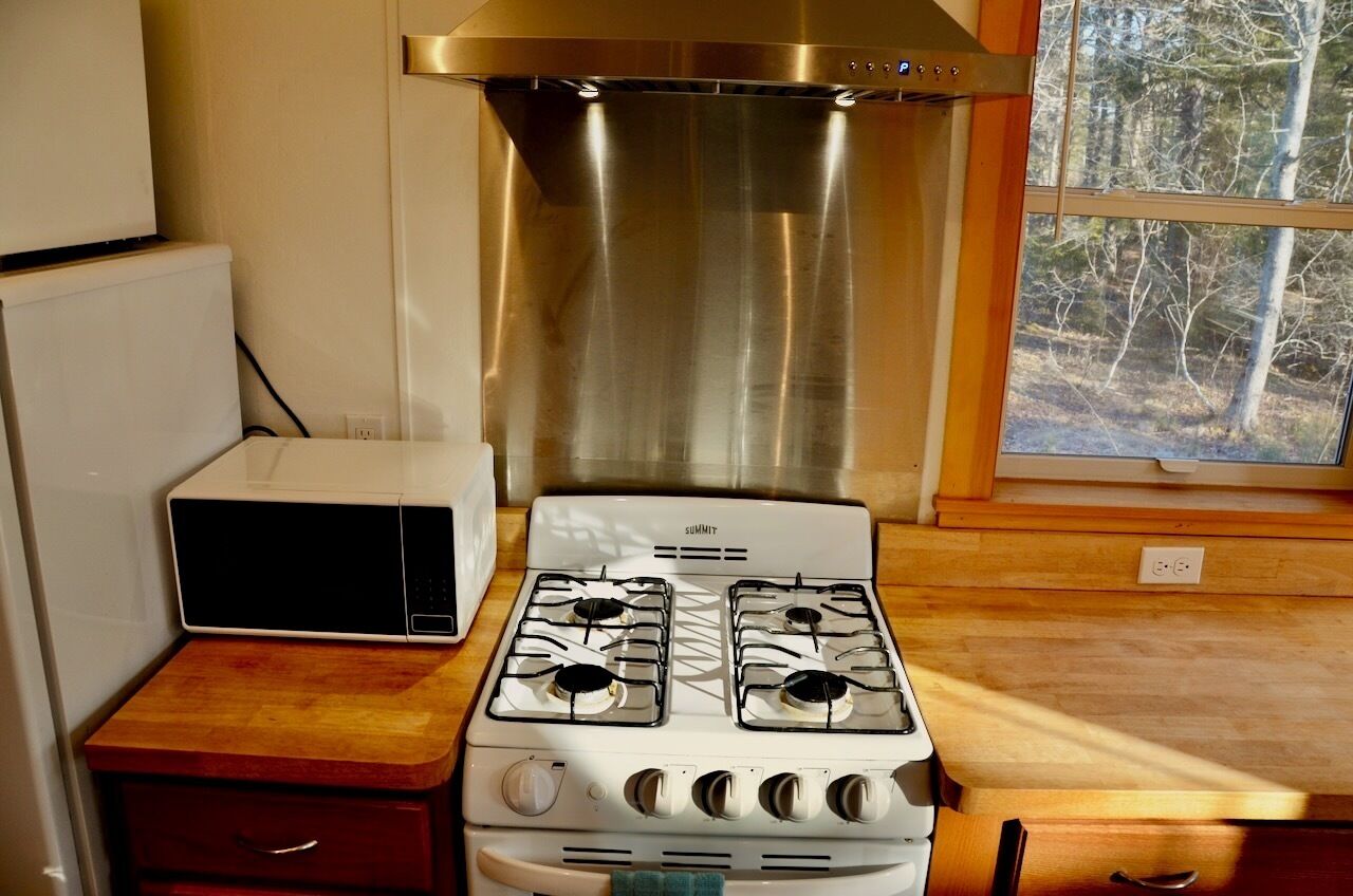 Una cocina con estufa, microondas y ventana con vistas a árboles.