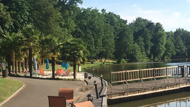 Un parque junto al lago con un muelle de madera, sillas de descanso y una hilera de palmeras.
