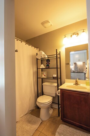 Eco-friendly toiletries, hair dryer, towels, soap