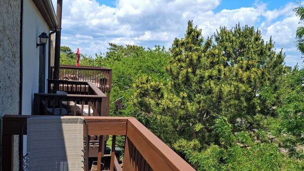 A wooden deck with a railing, a staircase, and a view of trees and a building in the background. - nestled against the dunes, south end beach block on cul-de-sac (Brigantine)