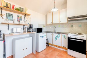 A compact kitchen with a refrigerator, stove, microwave, and a small sink. - Apartment 'In The Heart Of Corfu' with Wi-Fi and Air Conditioning (Corfu)