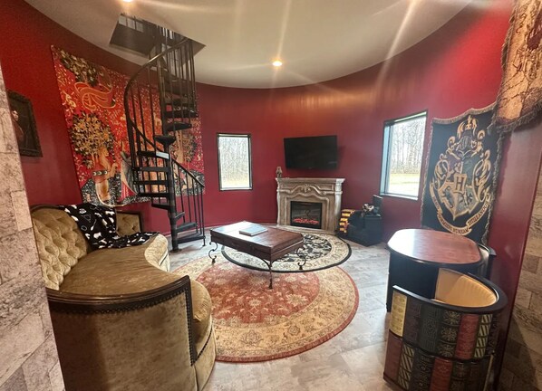 Smart TV, fireplace, books