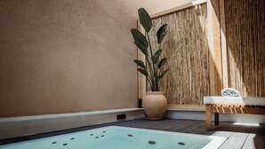 Ett spaområde med ett bubbelbad, en träbänk och en stor krukväxt.
