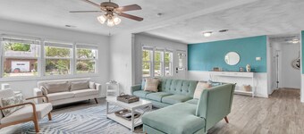 Pet Friendly Family Getaway + 1 Block from Beach + Game Room + Fenced Yard