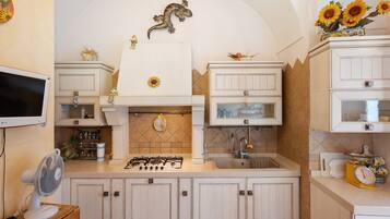 Fridge, stovetop, dishwasher, coffee/tea maker