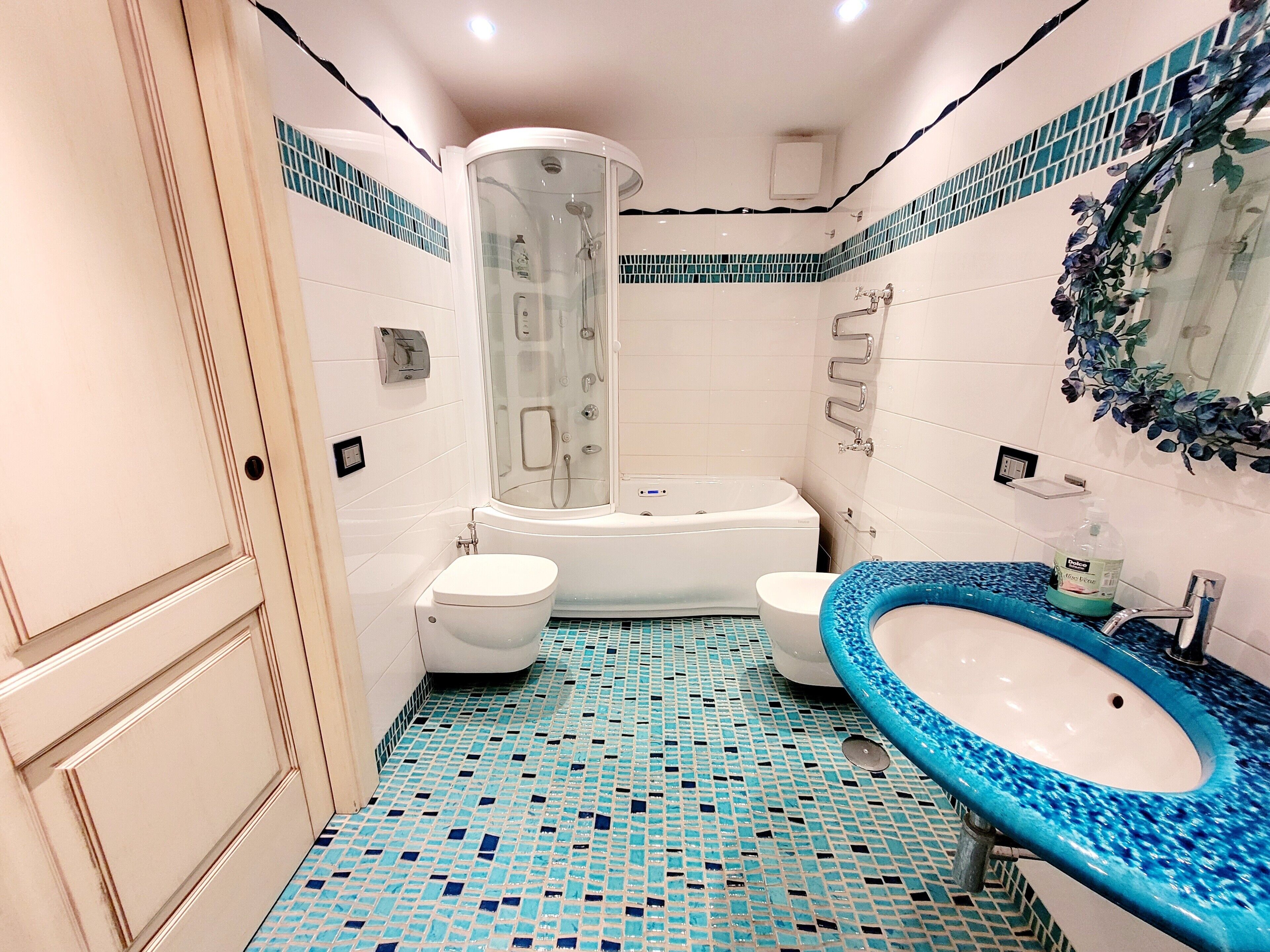 Shower, hair dryer, towels