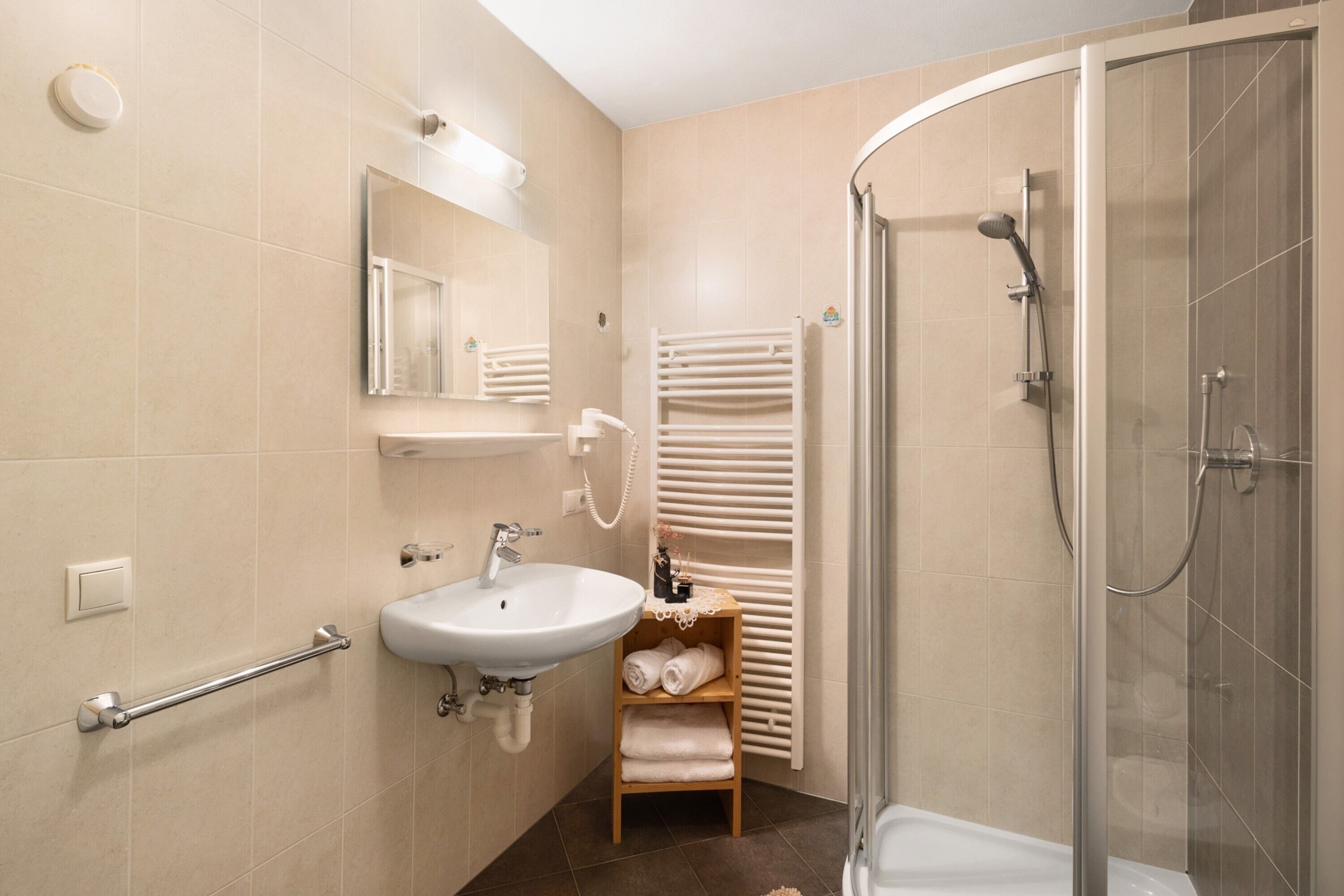 Shower, hair dryer, towels