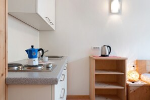 Fridge, stovetop, coffee/tea maker, electric kettle - Studio Apartment 'Appartment Single' with Mountain View, Shared Garden and Wi-Fi (Sarnthein)