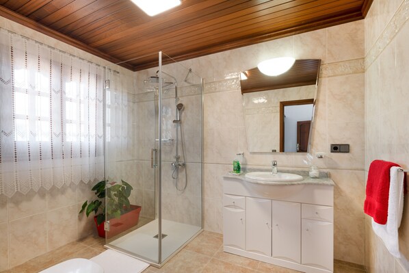 A modern bathroom with a glass shower enclosure, a sink, and a mirror.