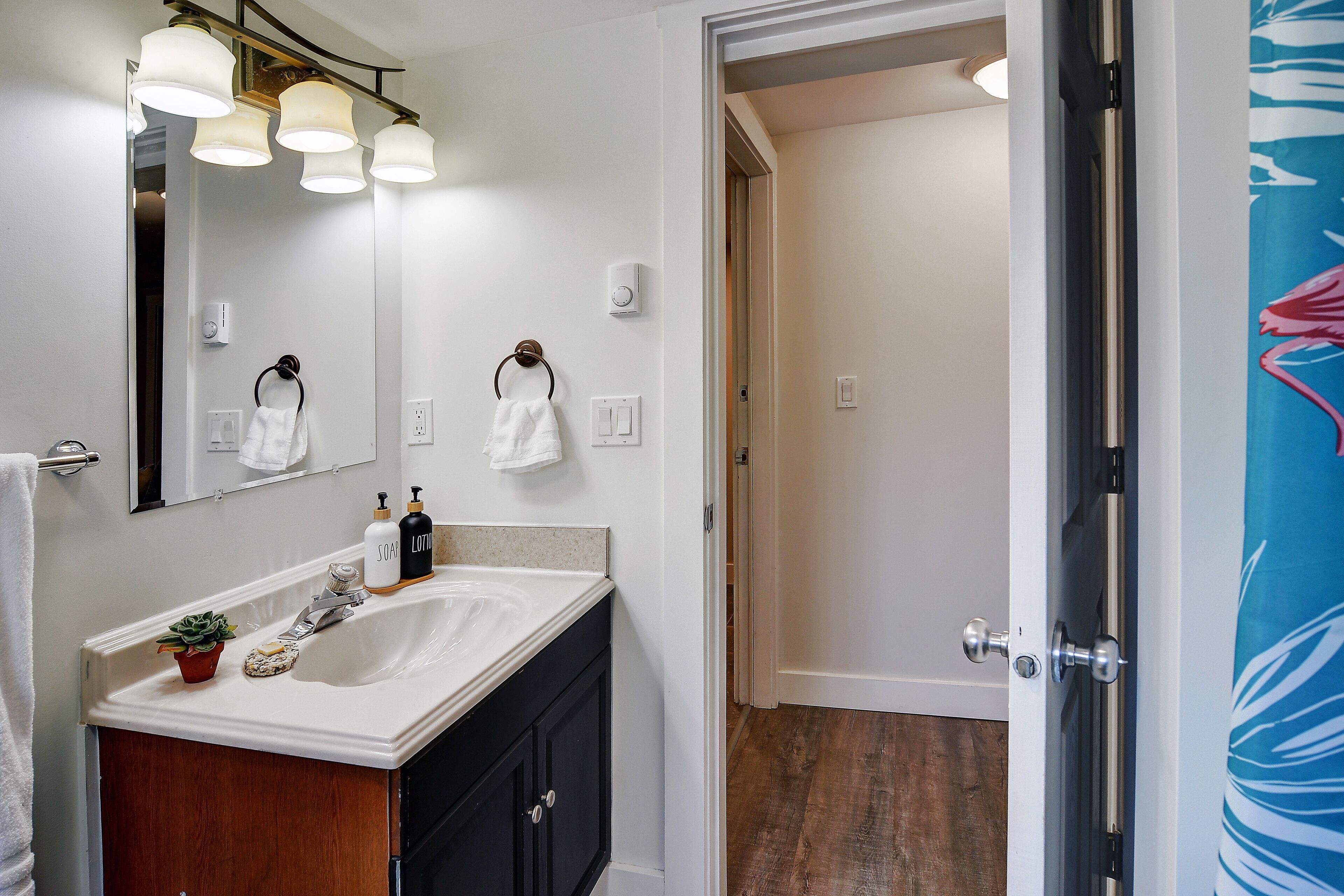 Hair dryer, towels, soap, shampoo