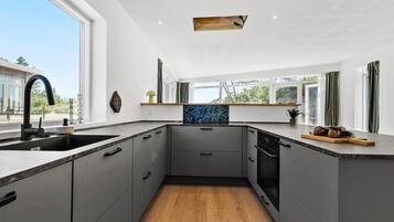 Fridge, stovetop, dishwasher, coffee/tea maker