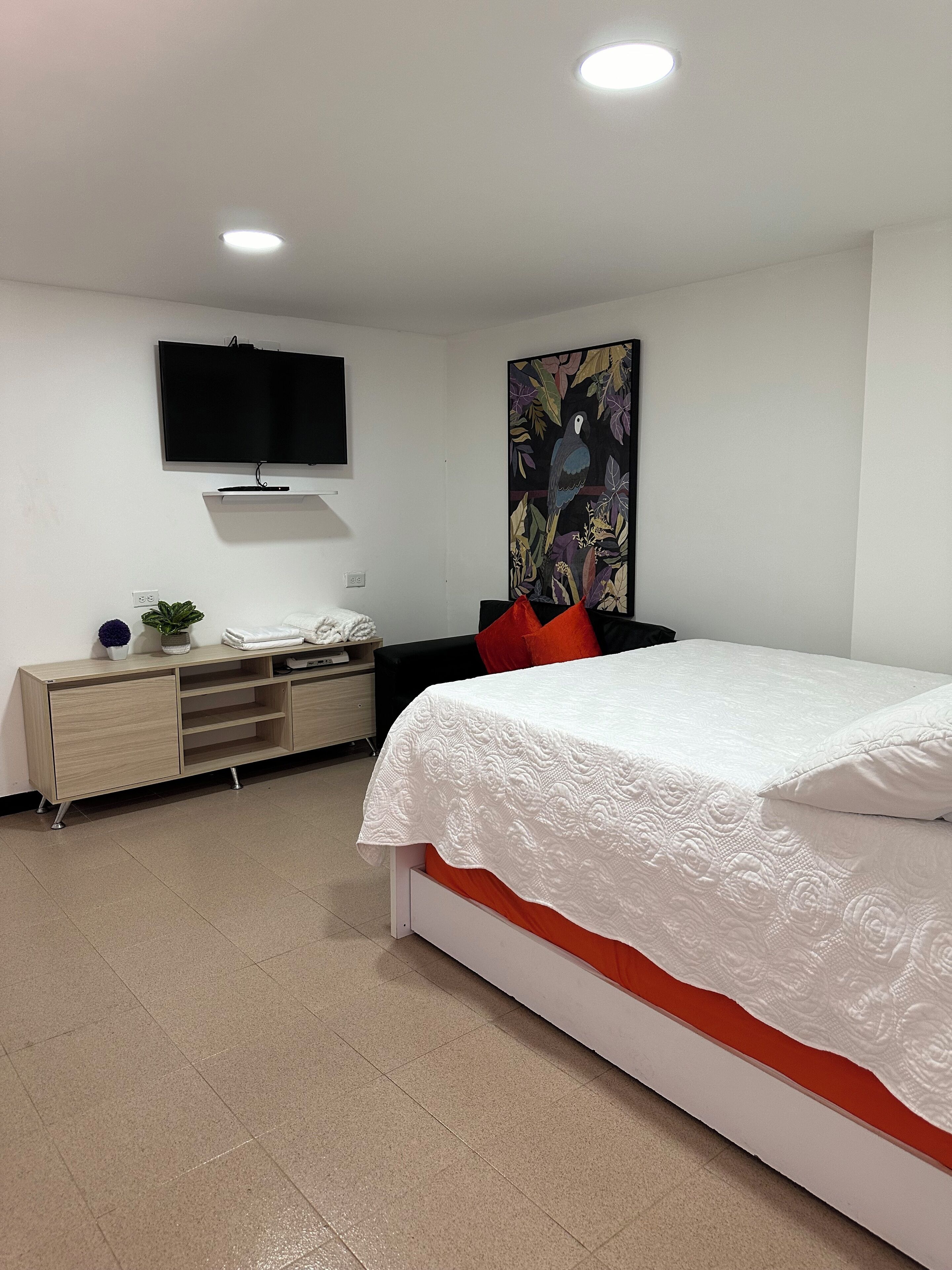 A bedroom with a bed, a TV, a painting, and a desk with a plant.