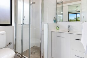 Shower, hair dryer, towels, toilet paper