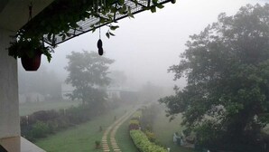 A garden pathway surrounded by lush greenery and trees, viewed from a covered balcony. - Presidency Highland Resort (Patan)
