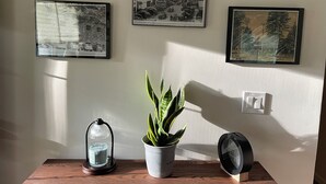 En væg med tre indrammede sort-hvide fotografier, en potteplante, et stearinlys og et ur på et træbord.