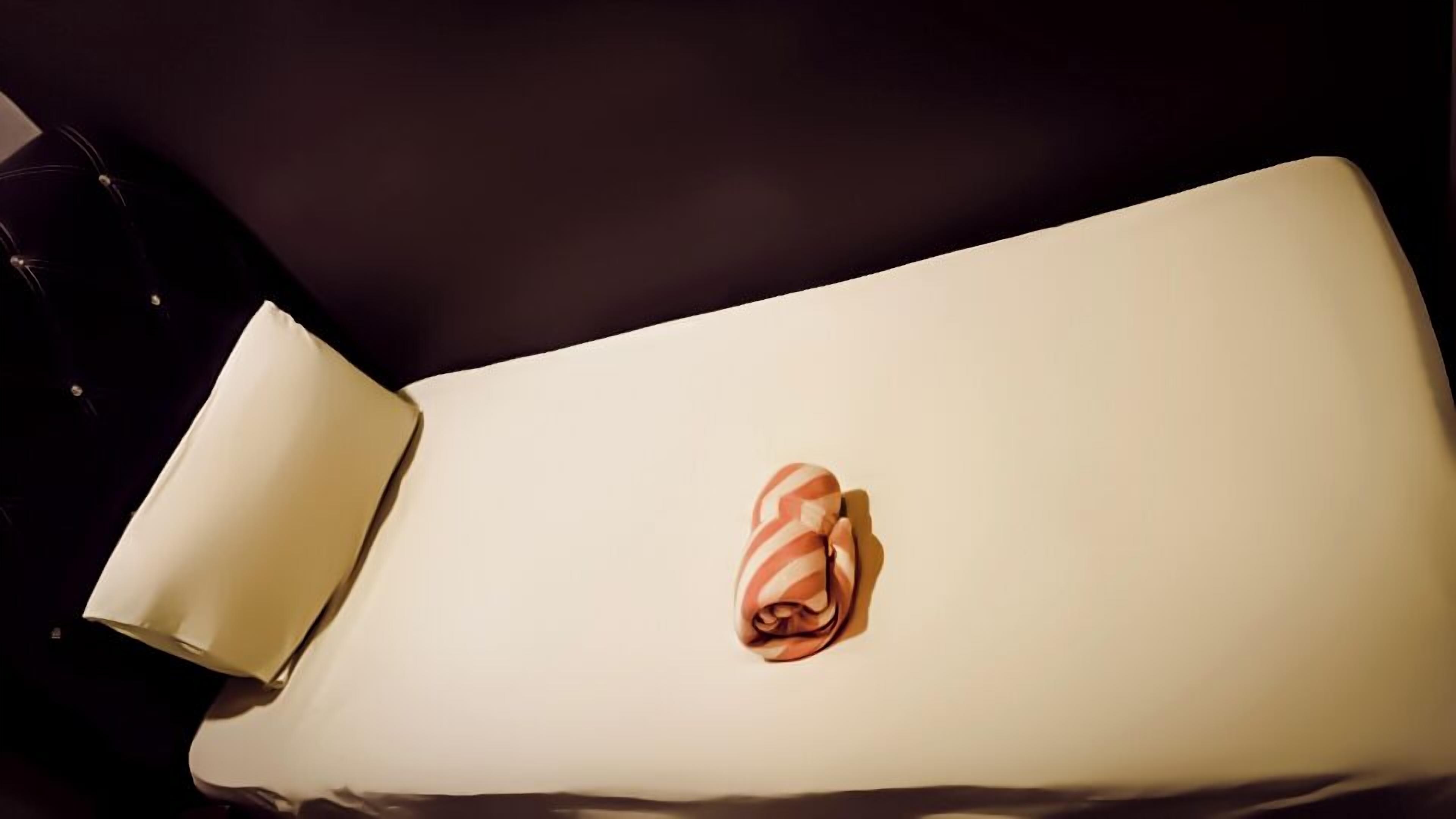 Een bed met een witte matras en een opgevouwen handdoek.
