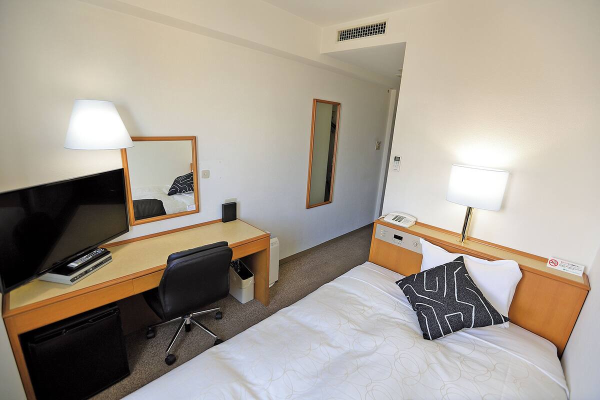 Habitación de hotel con una cama, un escritorio con computadora, un televisor y un espejo.