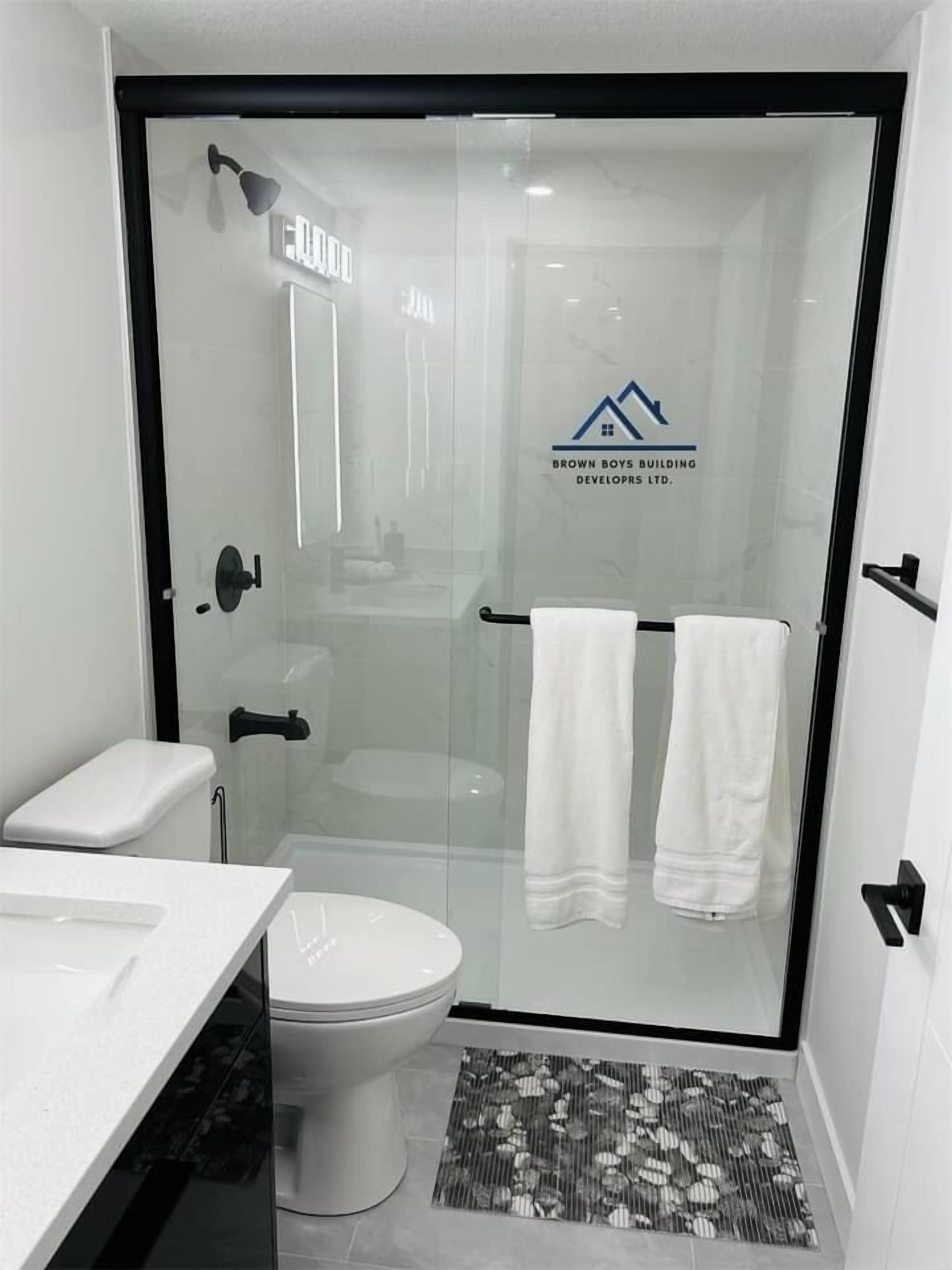 Shower, towels, soap, shampoo