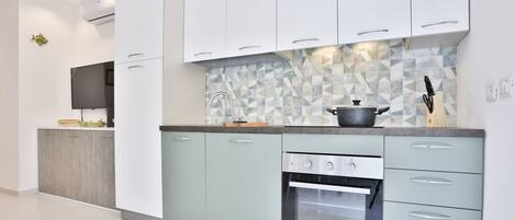 Fridge, oven, stovetop, cookware/dishes/utensils