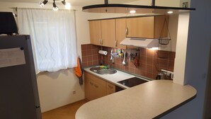 Une cuisine de taille réduite, équipée d’un évier, de placards et d’un plan de travail.